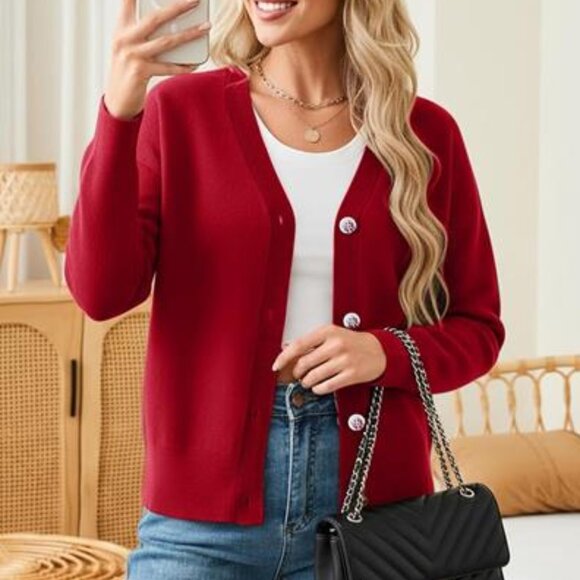 Women's red V Neck Long Sleeve Open Front Chunky Cardigan Fall Knitted - Picture 6 of 6